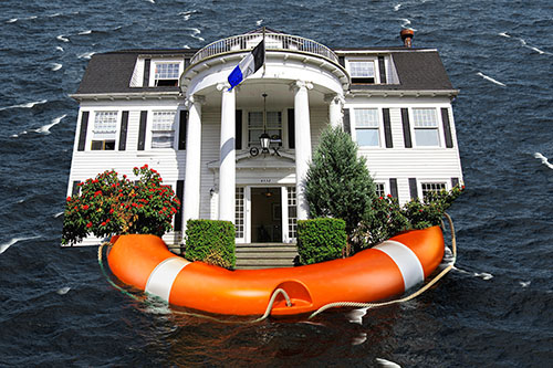 Flood insurance concept. Home inside lifebuoy swimming in the water. 3D rendering